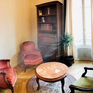 Salon vintage avec fauteuils en velours rose, table en marbre et grande bibliothèque en bois sur parquet en chevrons.